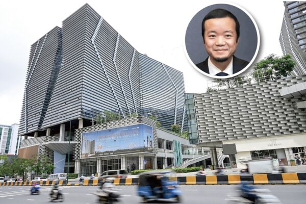 Trung tâm Quốc tế Prince (Prince International Plaza) tại Phnom Penh, Campuchia. Hình góc trên bên phải là Trần Chí, Chủ tịch Tập đoàn Prince. (Ảnh tổng hợp từ Tang Chhin Sothy/AFP via Getty Images và Văn phòng Công tố Liên bang Quận Đông New York/Đại Kỷ Nguyên)