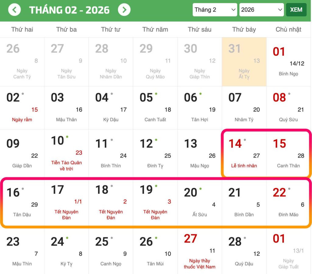 Lịch nghỉ Tết Nguyên đán 2026