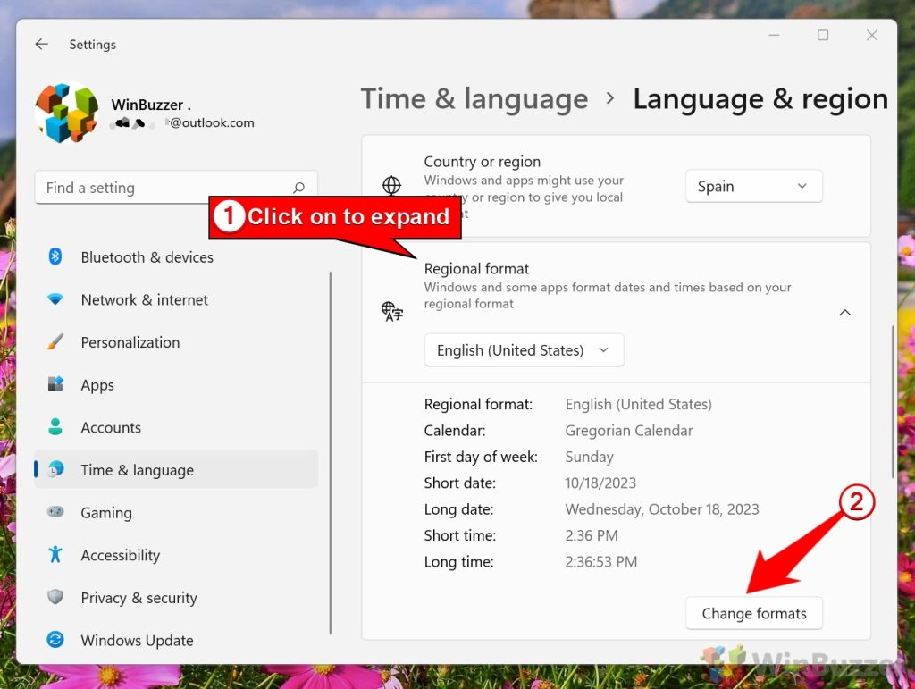 Click the “Change formats” button to switch between 12-hour (AM/PM) and 24-hour time display.