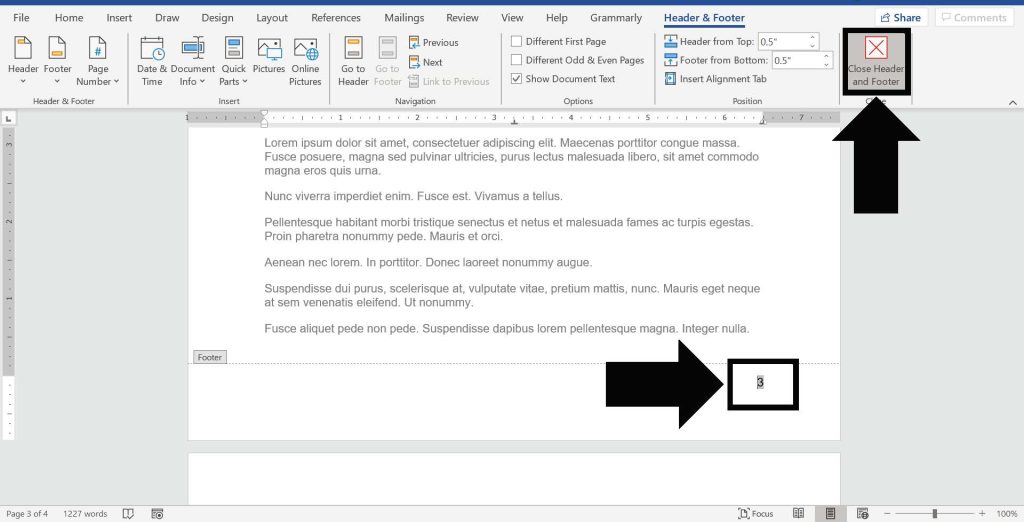 Nút Close Header and Footer sau khi hoàn tất chỉnh sửa số trang.