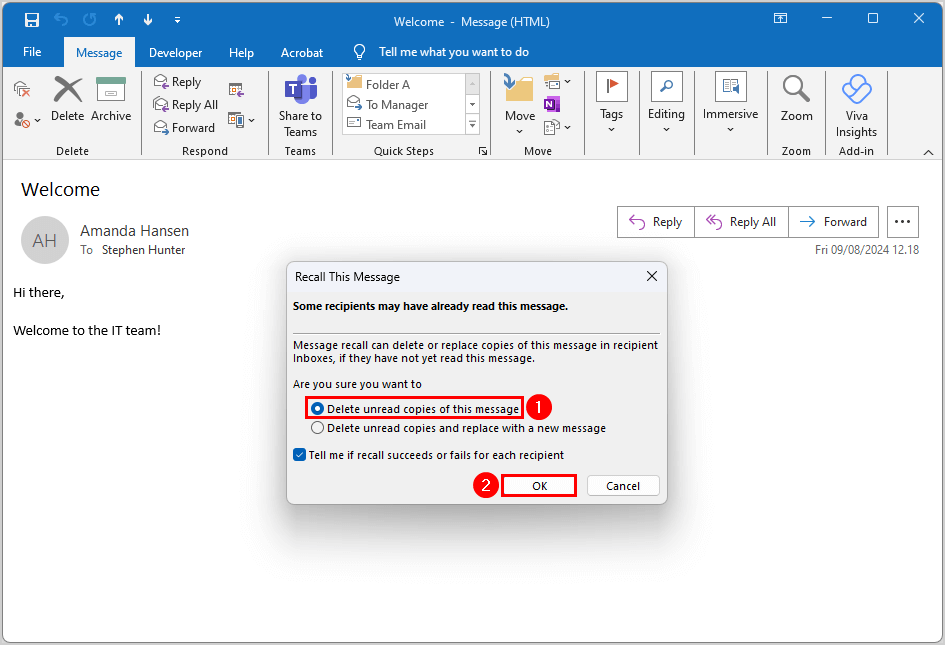 Recall This Message dialog box — choose to delete unread copies or replace with a new message.