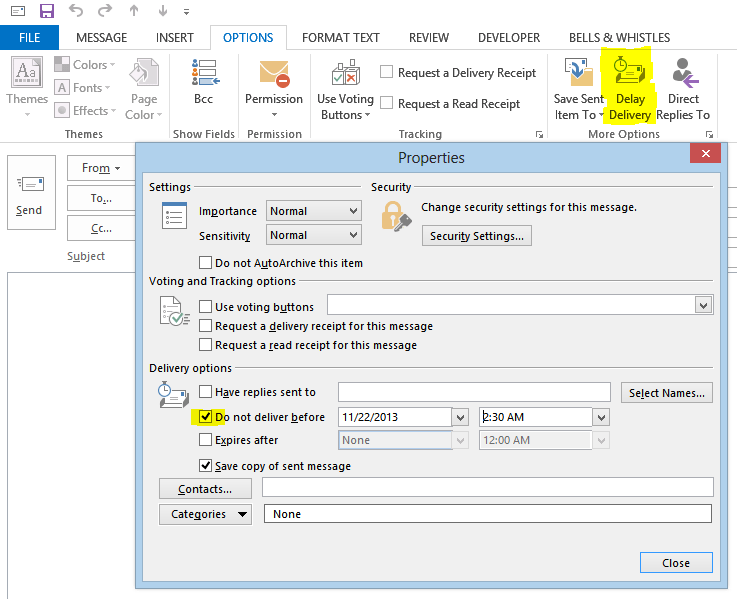 Delay Delivery settings in Outlook Properties — prevent mistakes by holding emails in Outbox.