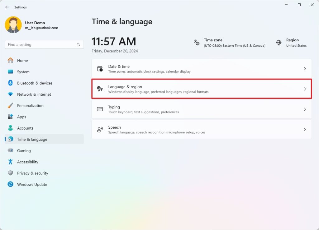 Open Windows Settings > Time & language > Language & region to access time format options.