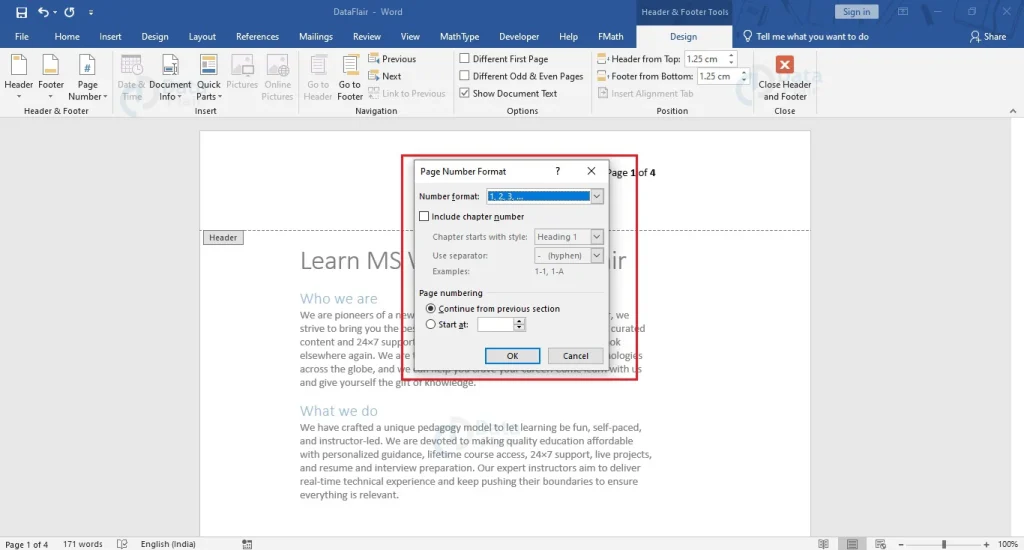 Cách đánh số trang bắt đầu từ số bất kỳ