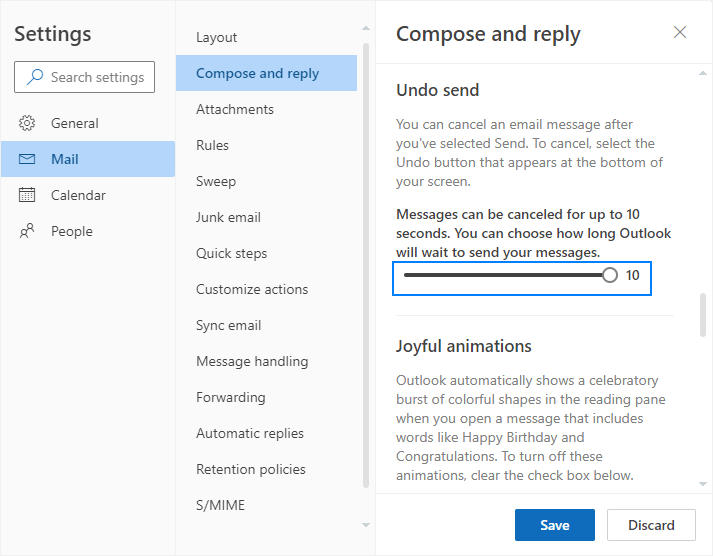 Undo Send settings in Outlook — adjust the time window to cancel emails after sending.