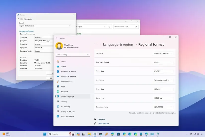 In the Regional format section, click “Change formats” to customize Short time and Long time (12-hour or 24-hour).