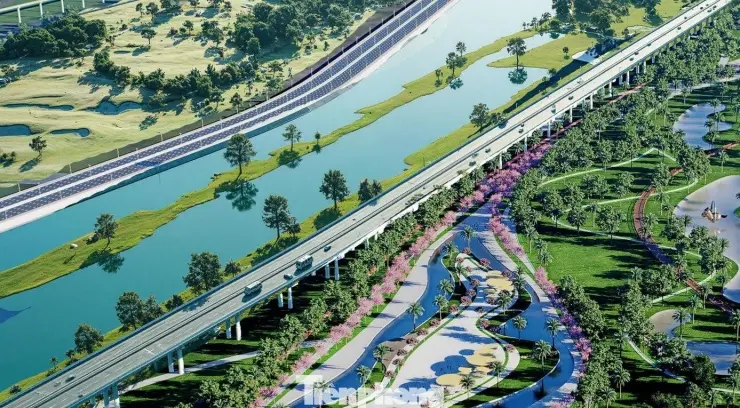 Phối cảnh trục đại lộ cảnh quan sông Hồng với không gian xanh, làn xe phân tách và lối đi bộ ven nước – khi hoàn thành sẽ là tuyến đường đẹp nhất Thủ đô.