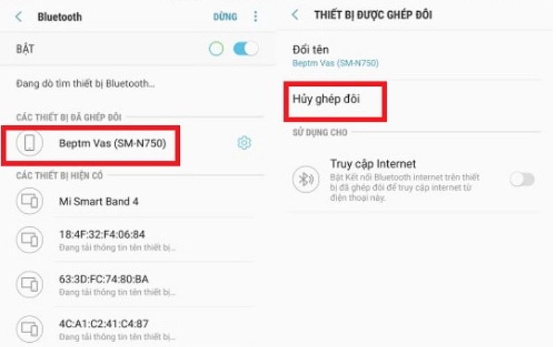 Cách hủy ghép đôi hoặc xóa thiết bị bluetooth.