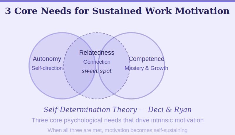 When autonomy, competence, and relatedness are all met at work, intrinsic motivation becomes self-sustaining.
