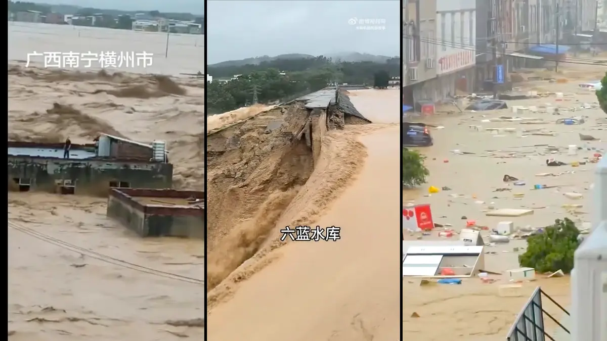 近日，广西持续强降雨引发多地洪涝，当地民众表示，受灾居民主要依靠自救，“你还想政府安置你？都是我们自己想办法。政府也没有派发救援物资，灾民没人管的。”（视频截图合成）
