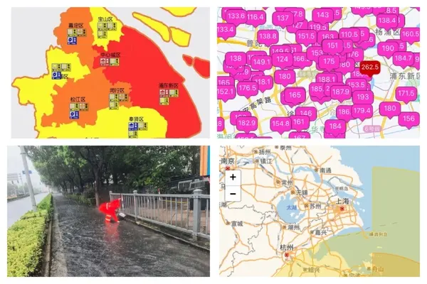2026年8月9日，受台风“白海豚”影响，上海市发布了暴雨红色预警。（网络截图合成）