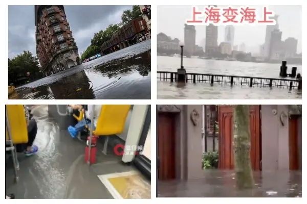 2026年第13号台风“白海豚”横扫中国东部,多地发布暴雨红色预警,上海24小时降水量打破154年观测纪录。(网络截图合成)