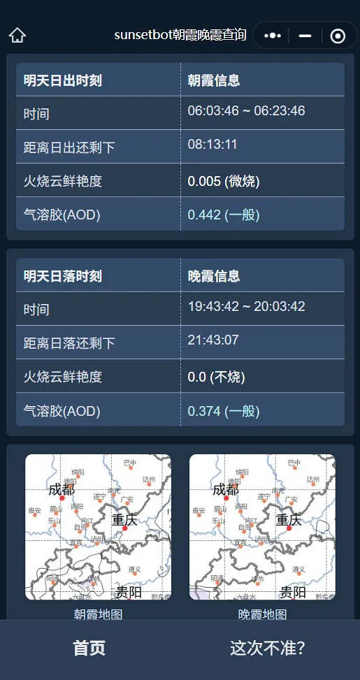 SunsetBot微信小程序界面示例:显示朝霞/晚霞鲜艳度指数、AOD气溶胶数值及区域预测地图