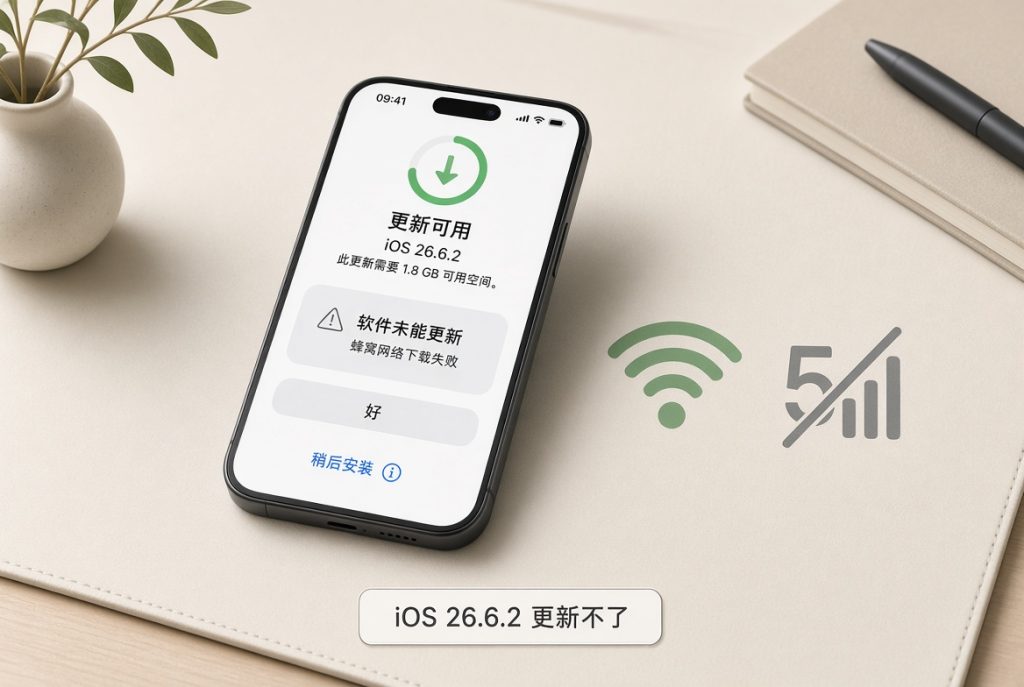 iOS 26.6.2更新不了:蜂窝网络下载失败需改用Wi-Fi