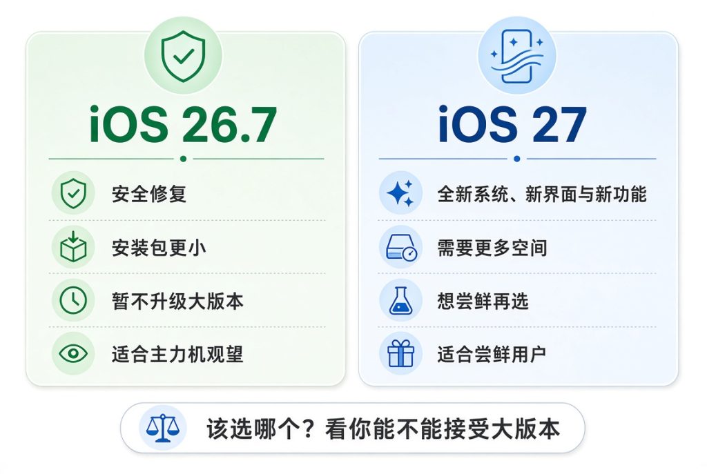 iOS 26.7和iOS 27该选哪个对比图
