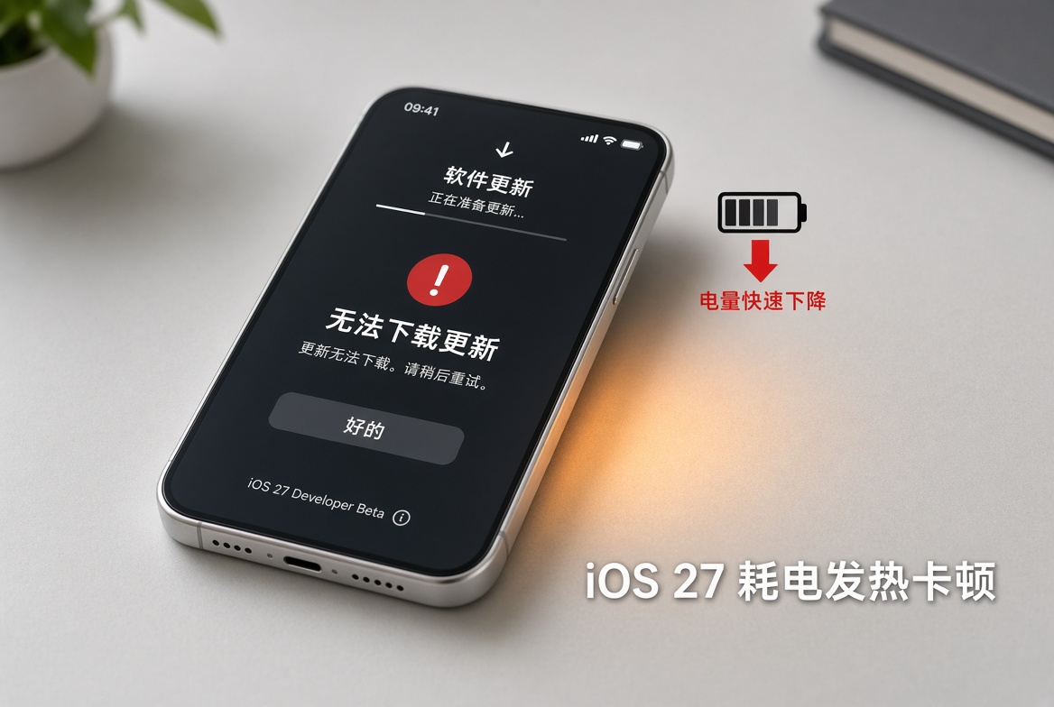 iOS 27耗电发热卡顿与软件更新失败示意图