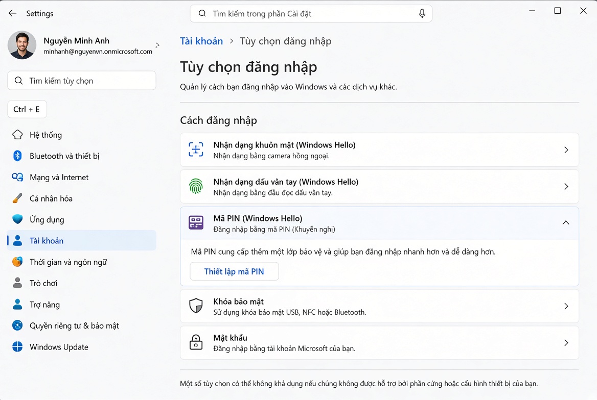 Đăng nhập không cần mật khẩu với Windows Hello trong Windows 11 và 10
