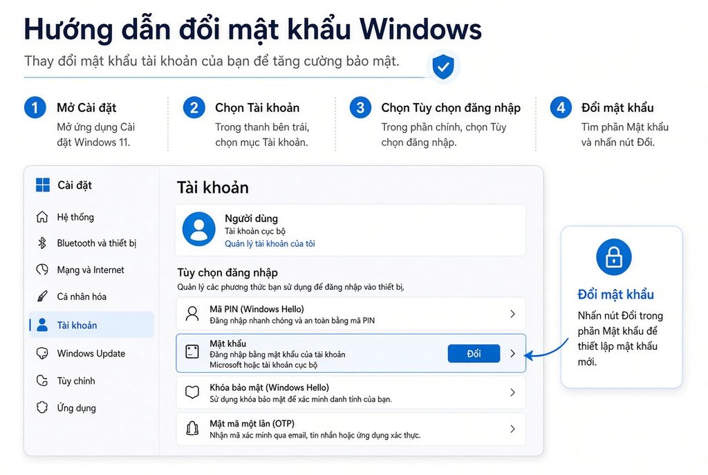 Các bước: Cài đặt → Tài khoản → Tùy chọn đăng nhập → Đổi mật khẩu.